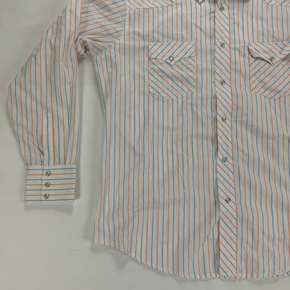 Wrangler Mens Western‎ Shirt XL Long Sleeve White Orange Blue Stripe Snap Button - Picture 5 of 9